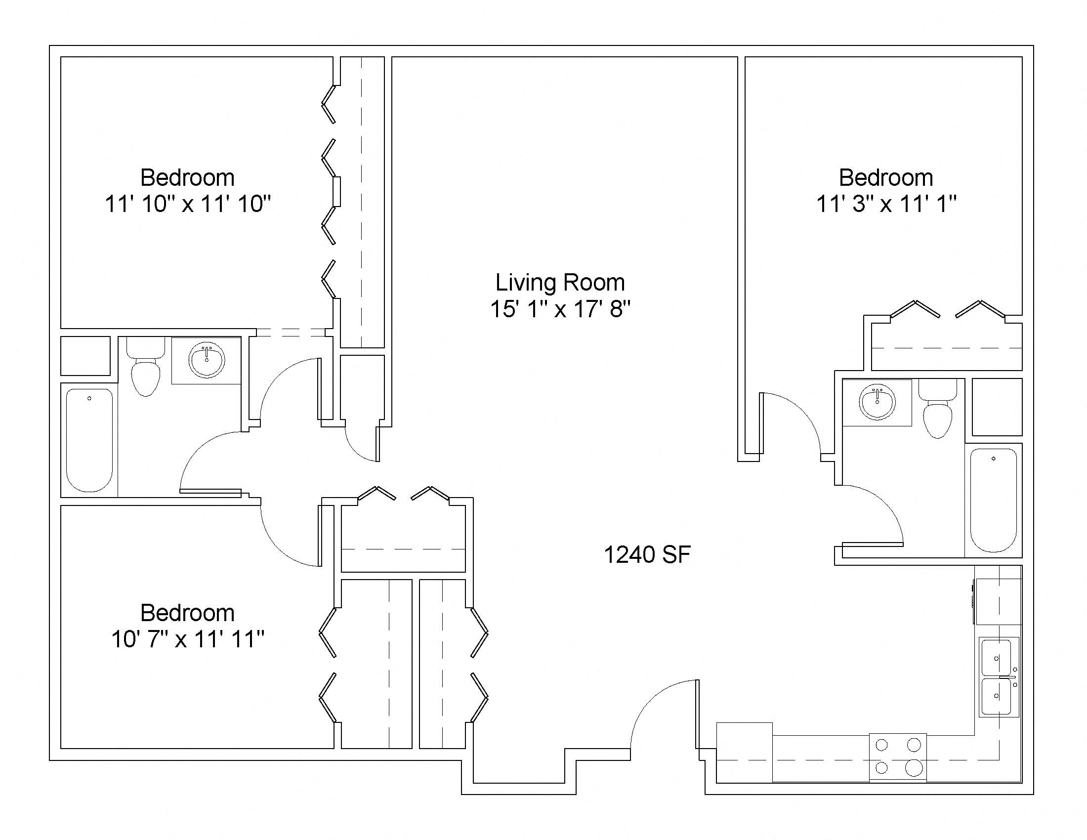Floor plan for 3 beds, 2 baths, 1240 sqft